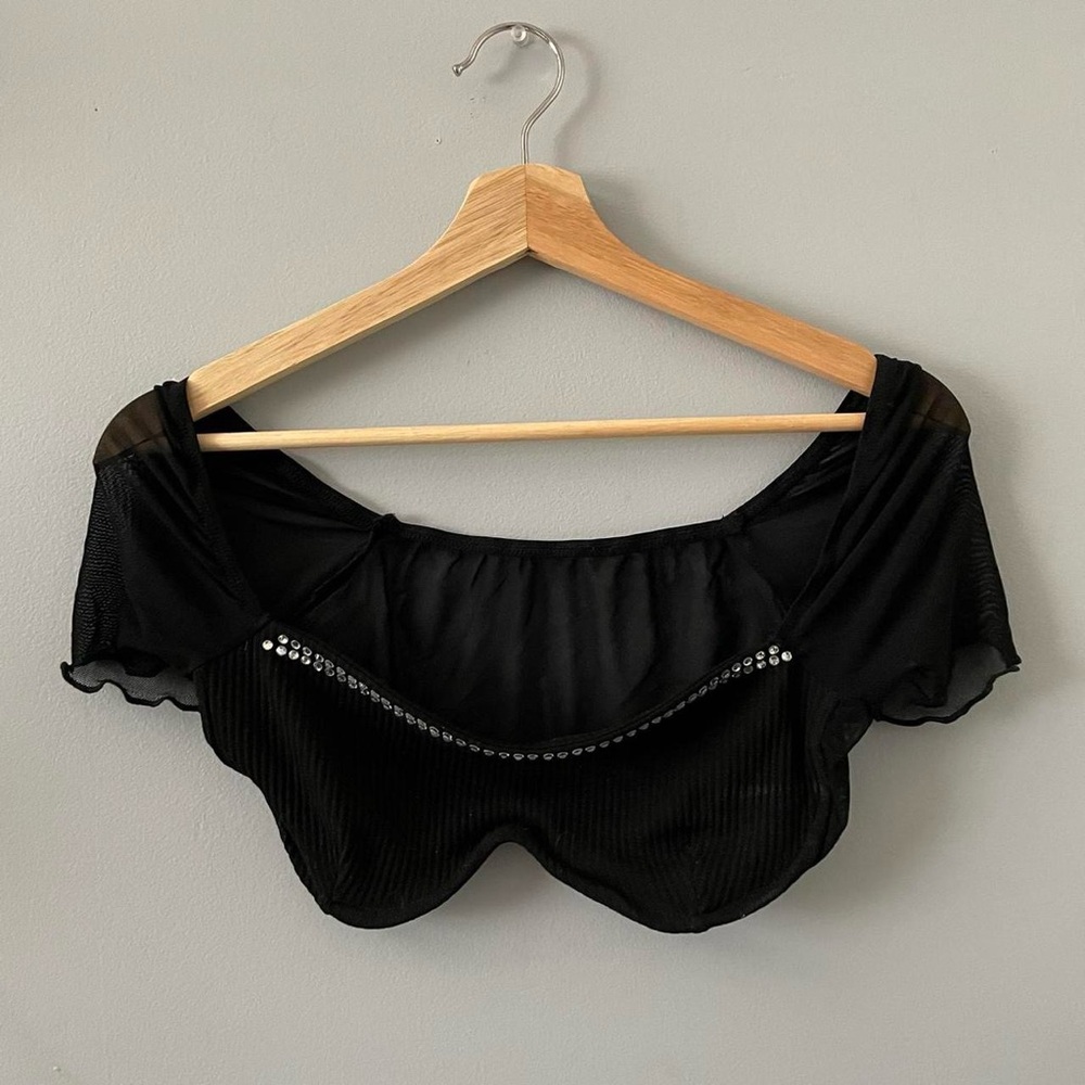 Black Off-Shoulder Crop Top with Rhinestone Detail
